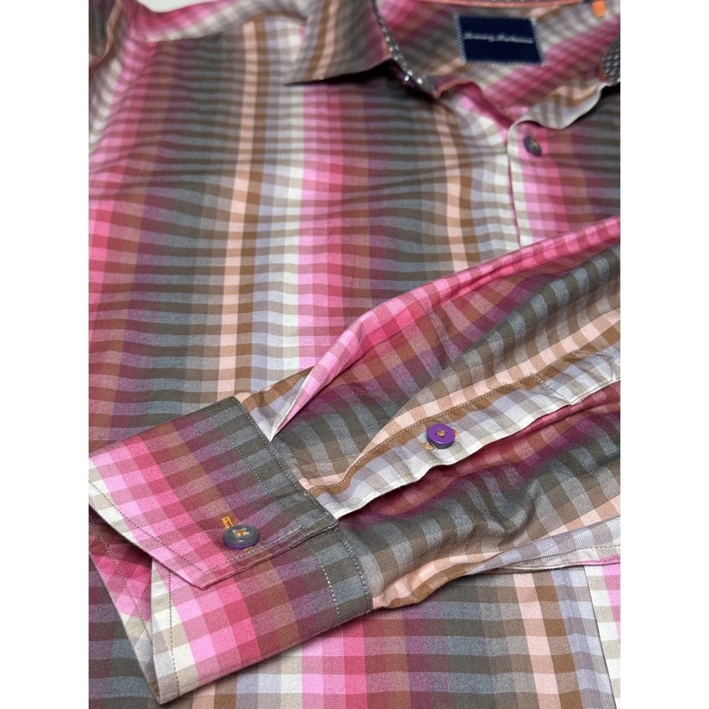 Tommy Bahama Mens XL Plaid Long Sleeve Button‎ Down Shirt Pink Brown Gray Cotton